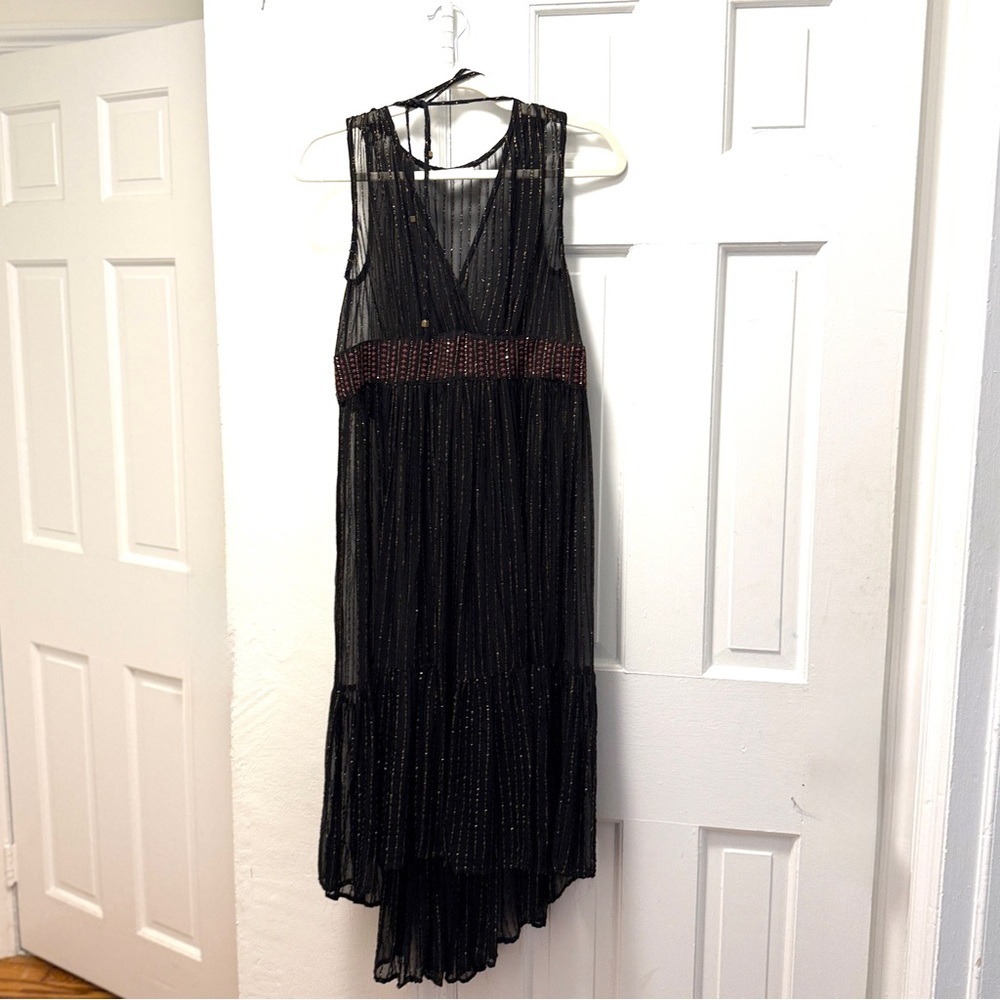 Anthropologie Black & Gold Metallic, Midi Dress by Floriat Size Small